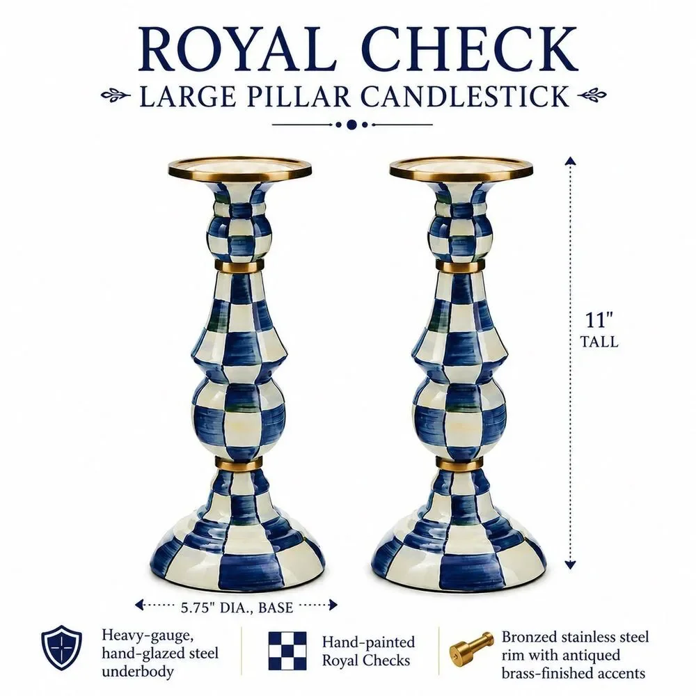 Mackenzie Childs Royal Check Large Blue and White Candlestick Set of 2 New